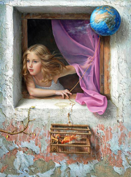 Девочка выглядывает из окна с шариком в руке