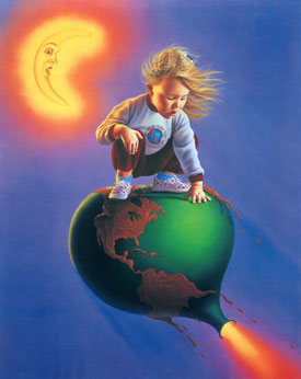 Девочка на шаре в виде планеты Земля с реактивной струёй